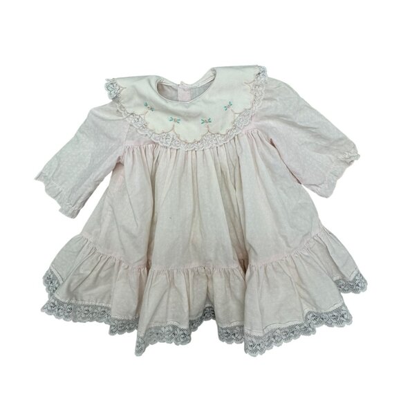 Vtg Baby Girl Pink Dress Collar Lace Trim Long Sleeves Ruffle Hem 6-12 Months - Picture 1 of 8